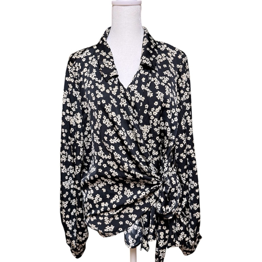 Banana Republic Floral Wrap Blouse XL Black Ivory Tie Waist Long Sleeve